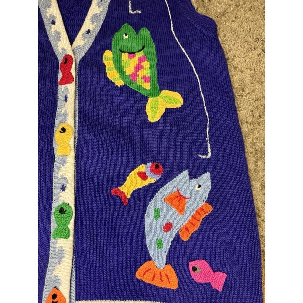 VTG 90s BEREK Knit Sweater Vest Fishermen Fish 3D Novelty Teacher Super Cute M - Picture 7 of 11
